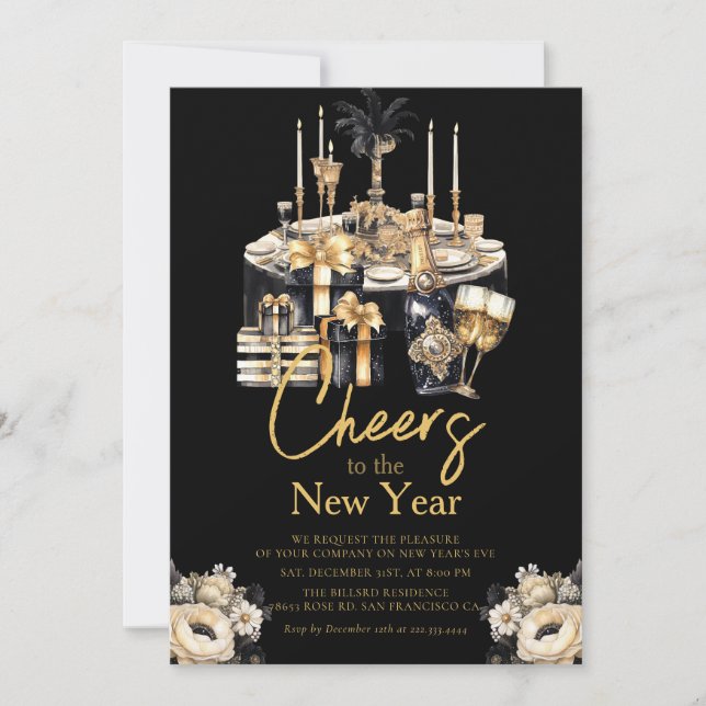 Champagne New Year's Eve Celebration Black Gold  Invitation (Front)