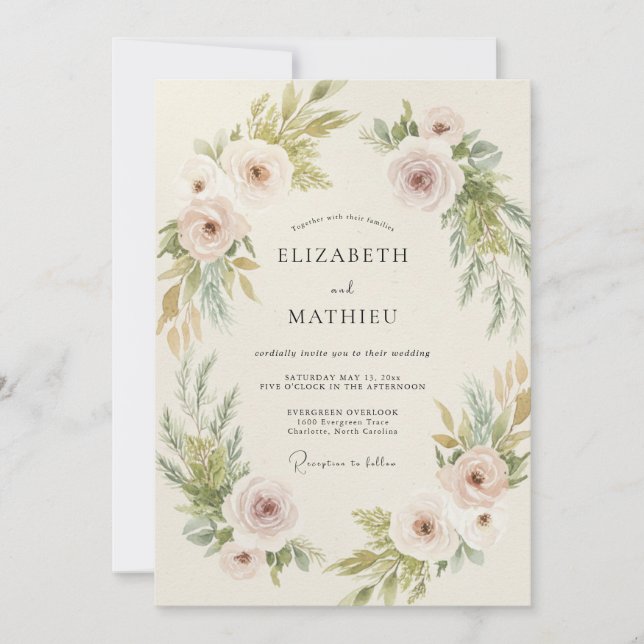 Champagne Olive Peony Wedding Invitation (Front)