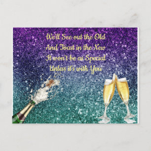 Champagne, ombre glitter, New Years Invitation