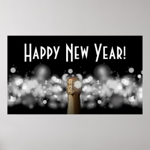 Champagne on Black & White Bokeh Party Poster