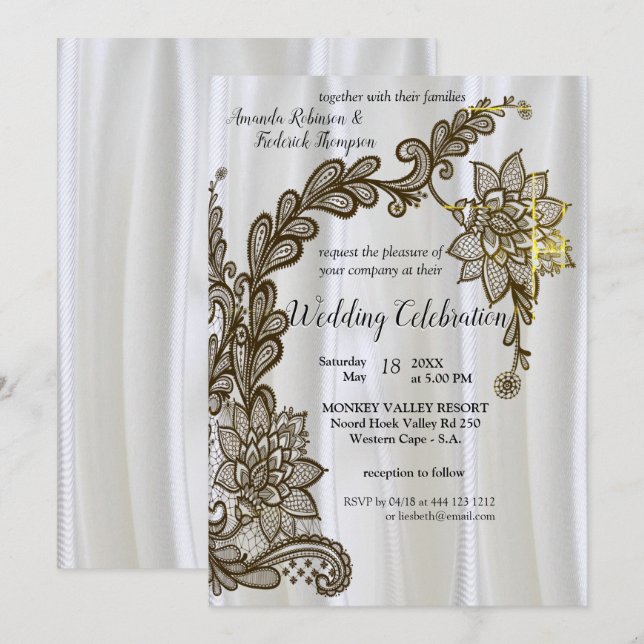  Champagne Or silver Silk & black Lace Invitation (Front/Back)