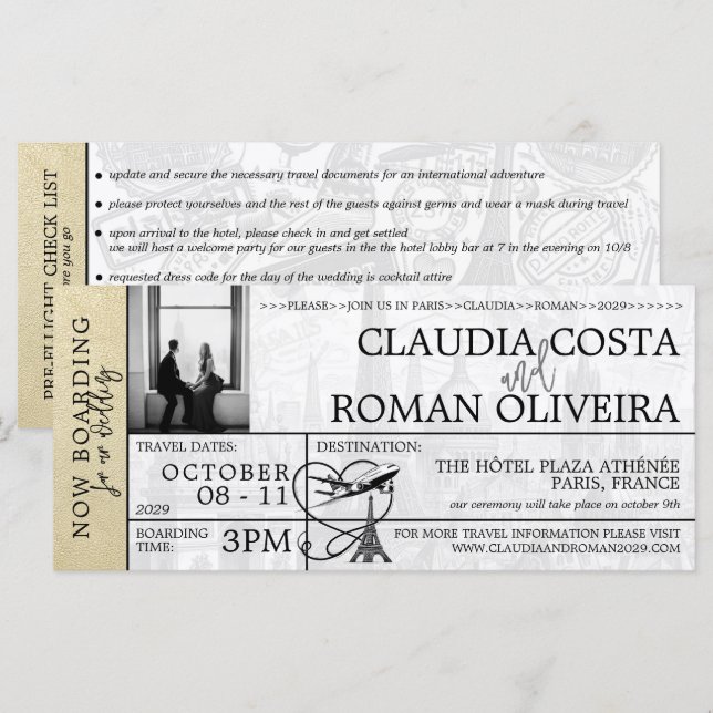 Champagne Paris Wedding Boarding Pass Invitation (Front/Back)