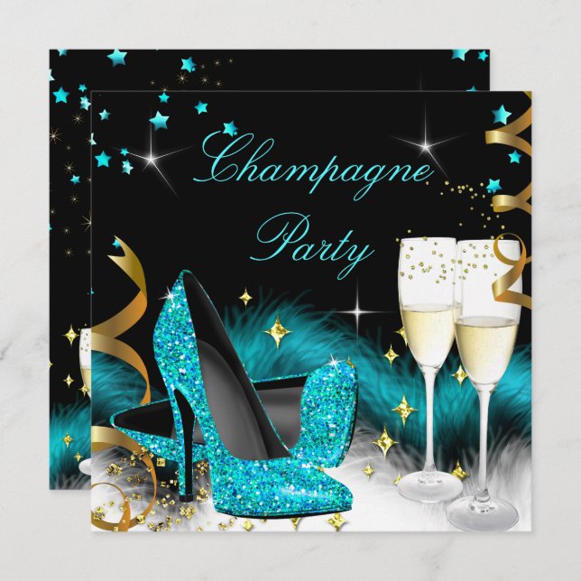 Champagne Party Glitter Teal Blue High Heels Invitation (Front/Back)