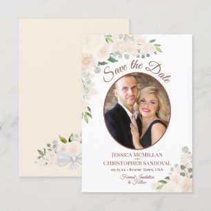 Champagne Peach Boho Floral Oval Photo Wedding Save The Date