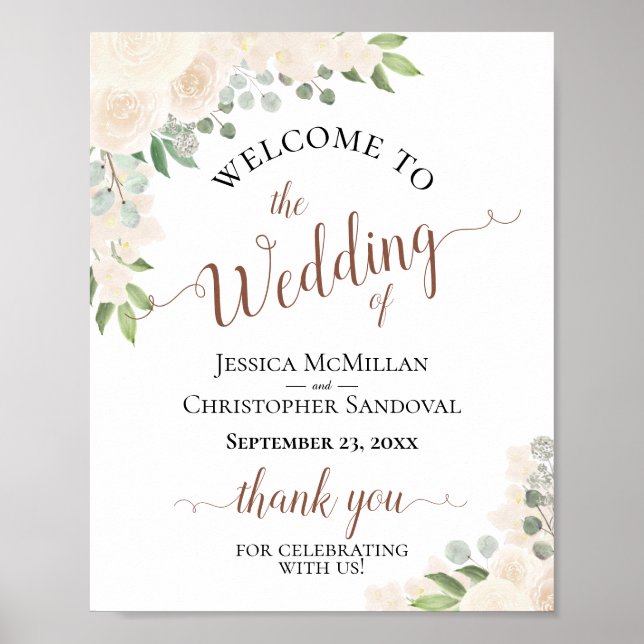 Champagne Peach Floral Rustic Wedding Welcome Sign (Front)