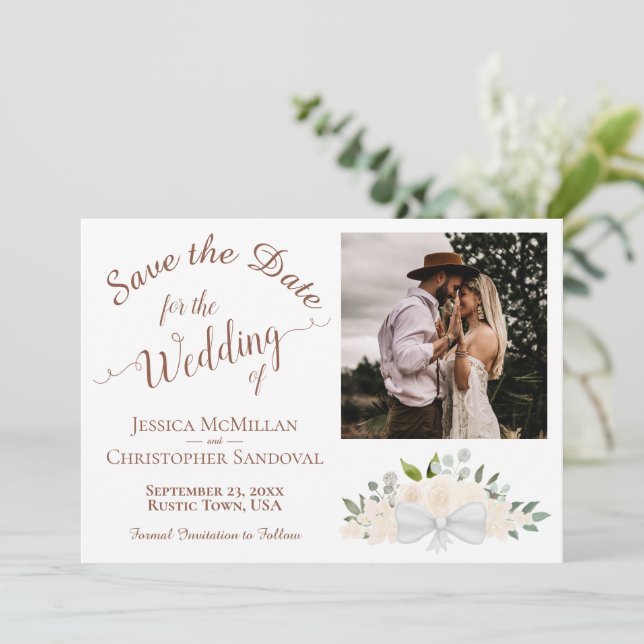 Champagne Peach Roses & Calligraphy Photo Wedding Save The Date (Standing Front)