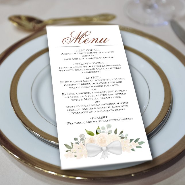 Champagne Peach Watercolor Floral Elegant Wedding Menu (In Situ on Plate)
