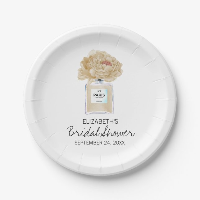 Champagne Peonies and Perfume Floral Bridal Shower Paper Plate (Front)