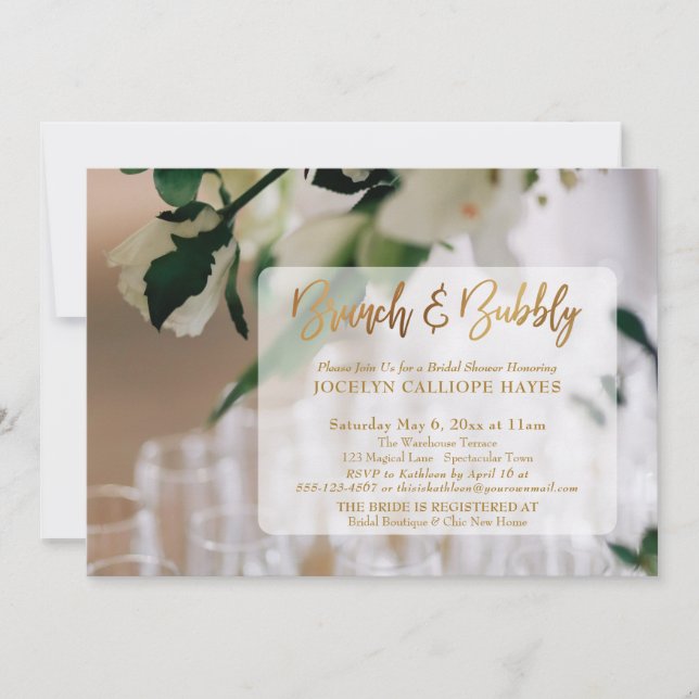 Champagne Photo Brunch & Bubbly Gold Handwriting Invitation (Front)