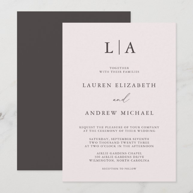 Champagne Pink and Brown Monogram Wedding Invitation (Front/Back)