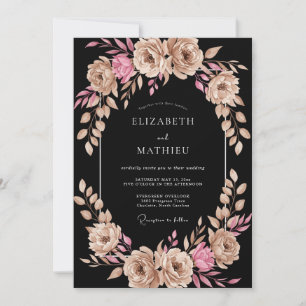 Champagne Pink Black Watercolor Floral Wedding Invitation