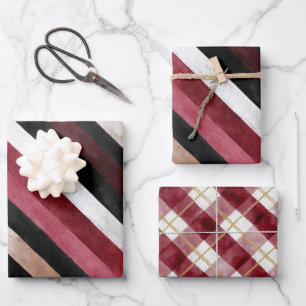 Champagne Pink Burgundy Black Stripes Christmas Wrapping Paper Sheet