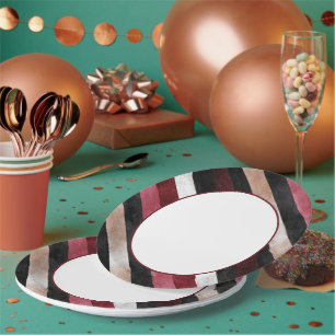 Champagne Pink Burgundy Black Stripes Paper Plate