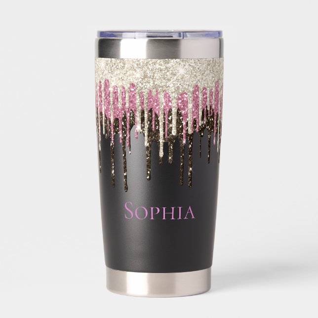 Champagne Pink Chocolate Ice Cream Glitter Drips Insulated Tumbler (Front)