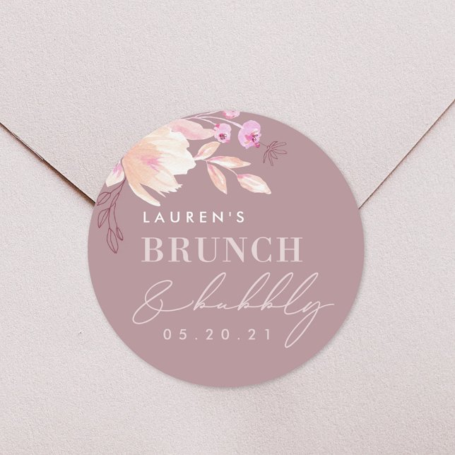 Champagne Pink Floral Bridal Brunch and Bubbly Classic Round Sticker (Creator Uploaded)