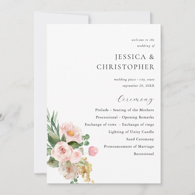 Champagne & Pink Floral Wedding Ceremony Program Invitation (Front)