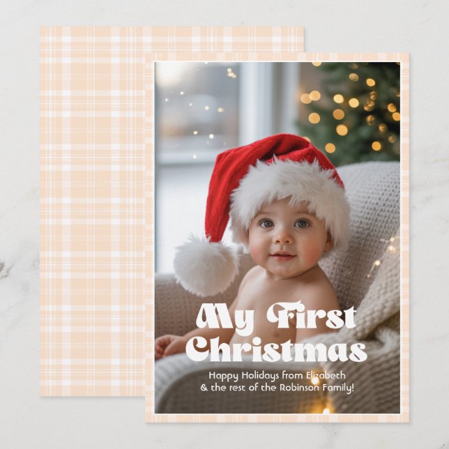 Champagne Pink Gingham My First Christmas Baby Holiday Card (Front/Back)