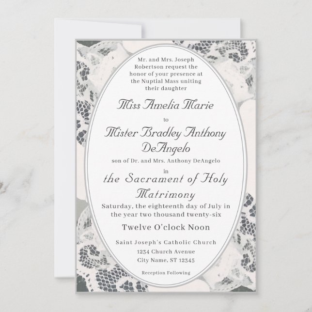 Champagne Pink Lace Catholic Wedding Invitation (Front)