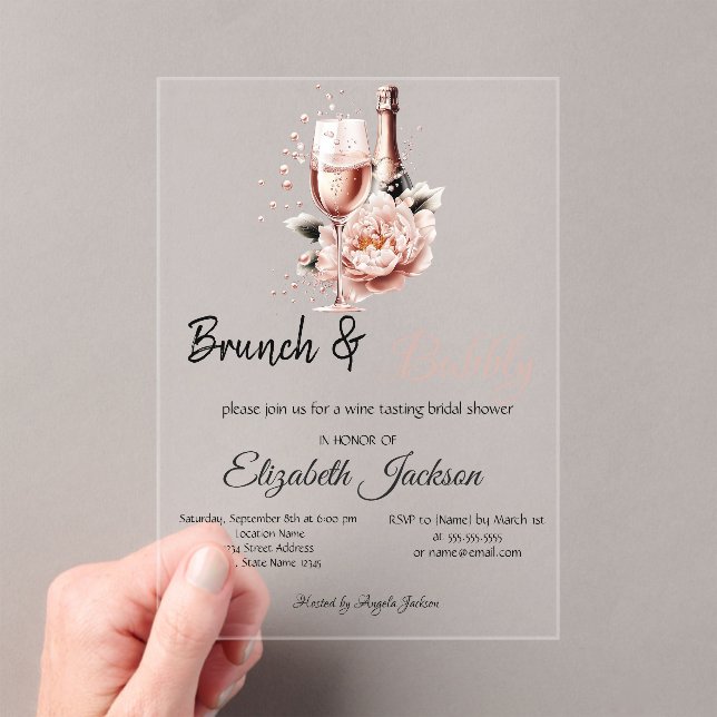 Champagne Pink Rose Brunch & BubblyBridal Shower   Acrylic Invitations (Insitu (Handheld))