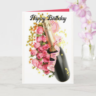 Champagne & Pink Roses Birthday Card