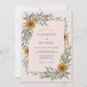 Champagne Pink Sunflower Eucalyptus Wedding Invitation