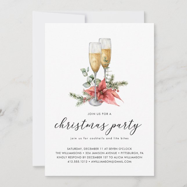 Champagne Poinsettia and Greenery Christmas Party  Invitation (Front)
