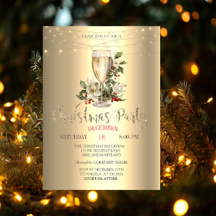 Champagne,Poinsettia,Holly Berry Gold Christmas  Invitation