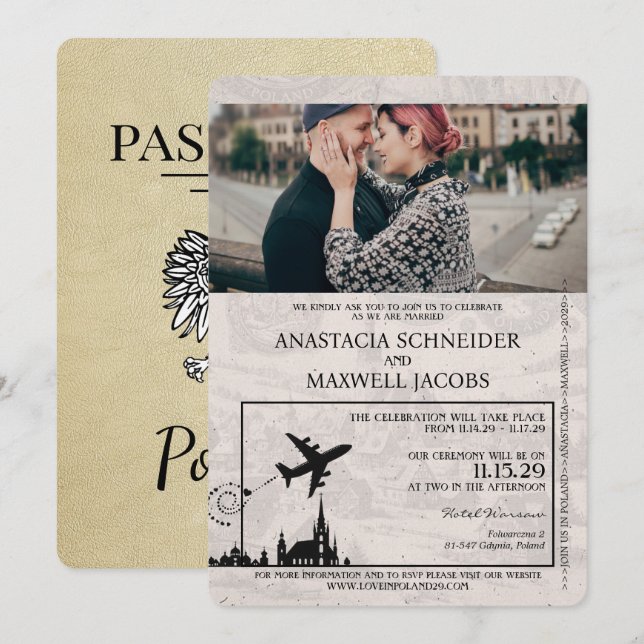 Champagne Poland Passport Wedding Invitation (Front/Back)