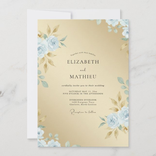 Champagne Powder Blue Leafy Wedding Invitation (Front)