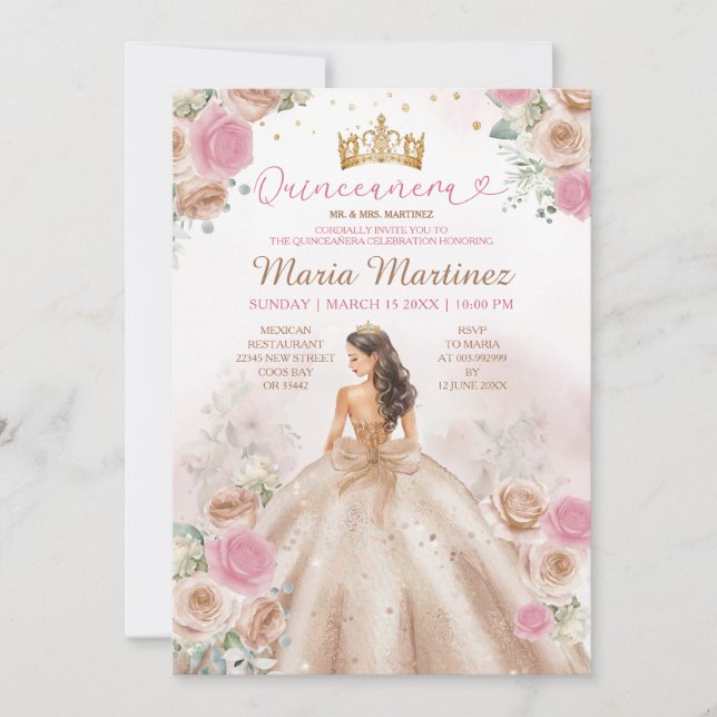Champagne Princess Dress Dusty Rose Quinceañera Invitation (Front)