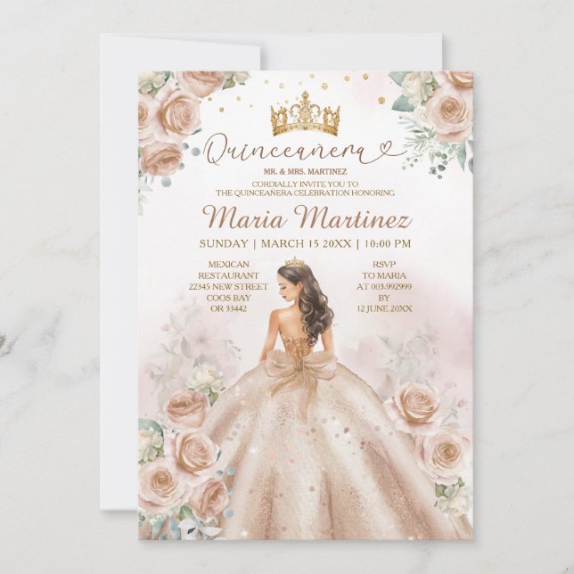 Champagne Princess Floral Gold Glitter Quinceañera Invitation (Front)