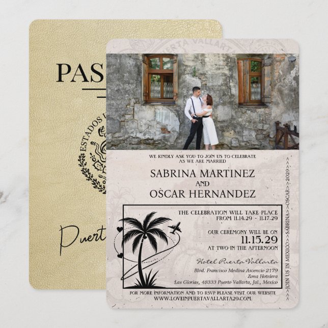 Champagne Puerta Vallarta Passport Wedding Invitation (Front/Back)