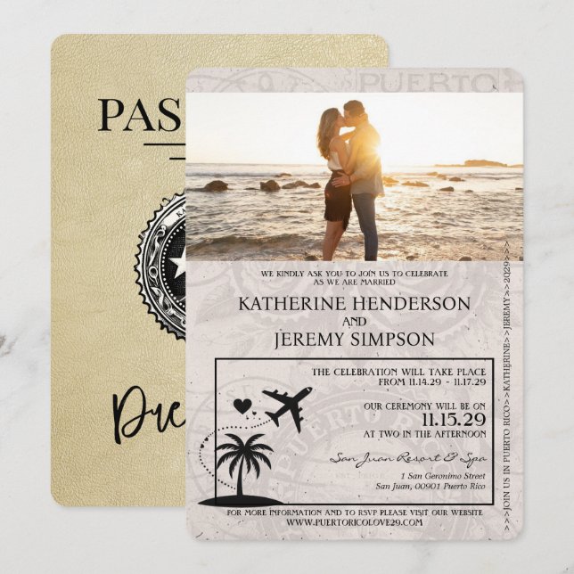 Champagne Puerto Rico Passport Wedding Invitation (Front/Back)