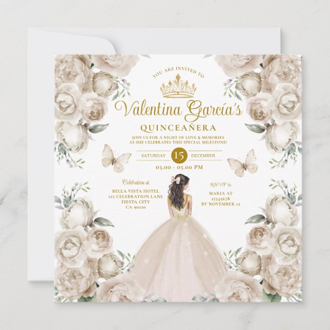 Champagne Quinceañera 15 Anos Flowers Gold Crown Invitation (Front)