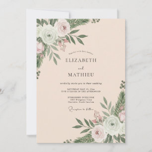 Champagne Ranunculus Foliage Eucalyptus Wedding Invitation