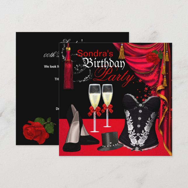 Champagne Red Black Corset Shoes Tophat Invitation (Front/Back)