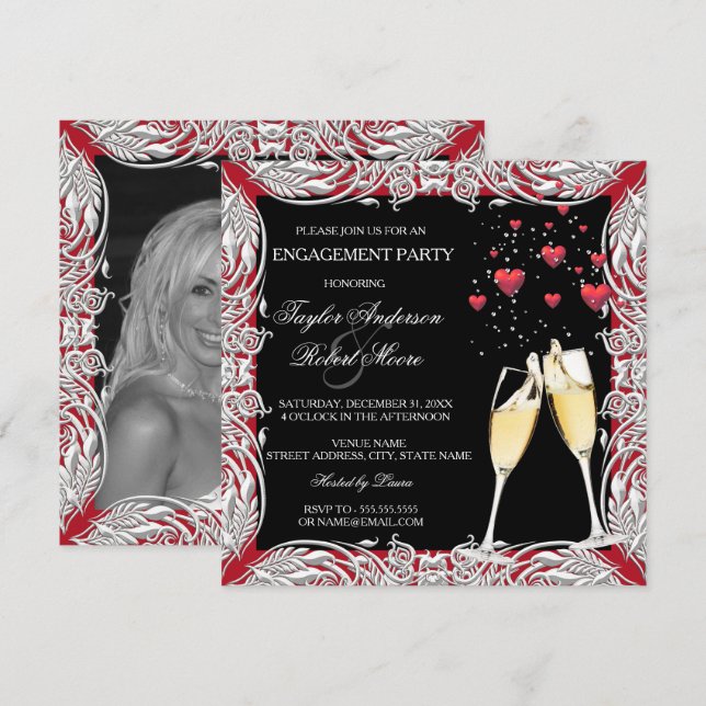 Champagne Red Heart Engagement Party Invitation (Front/Back)