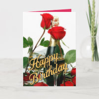 Champagne & Red Roses Birthday Card