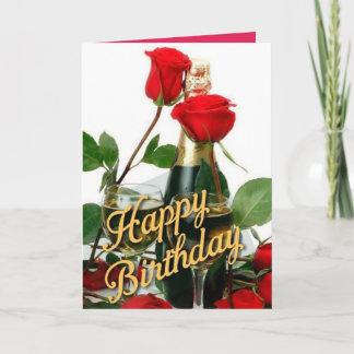 Champagne & Red Roses Birthday Card