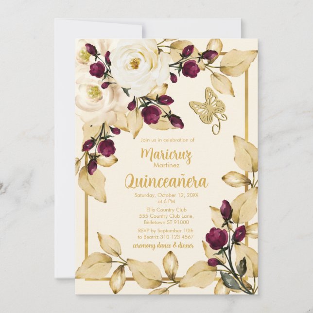 Champagne Rose Burgundy Buds Gold Leaves Butterfly Invitation (Front)