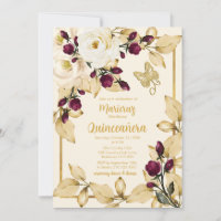 Champagne Rose Burgundy Buds Gold Leaves Butterfly
