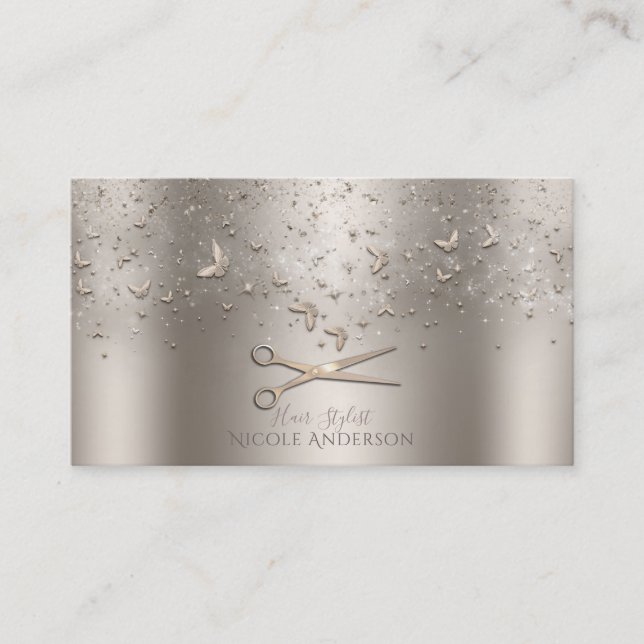 Champagne Rose Gold Butterflies Scissors Stylist Business Card (Front)