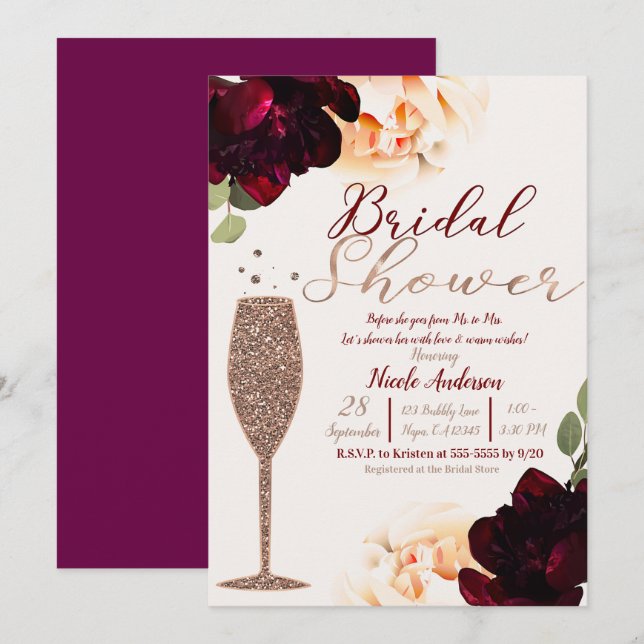 Champagne Rose Gold Floral Bridal Shower Invitation (Front/Back)