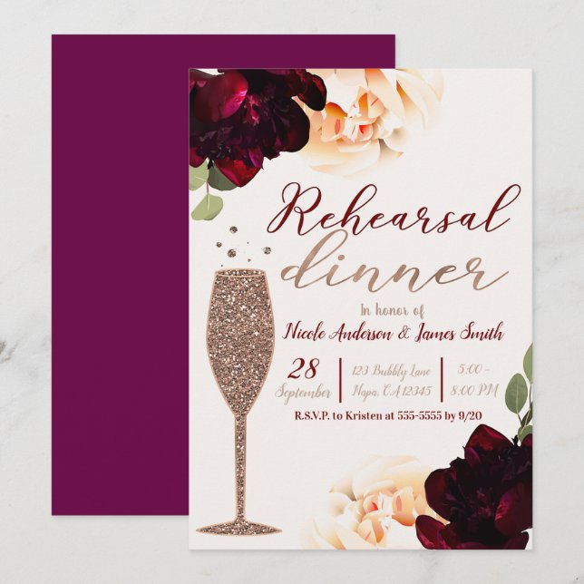 Champagne Rose Gold Floral Rehearsal Dinner Invitation (Front/Back)