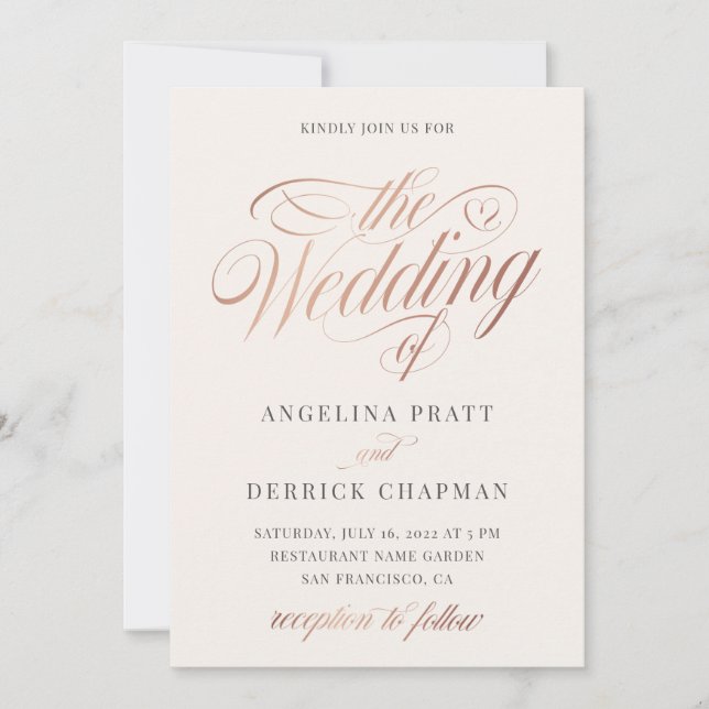 Champagne Rose Gold Ivory Calligraphy Wedding Invi Invitation (Front)