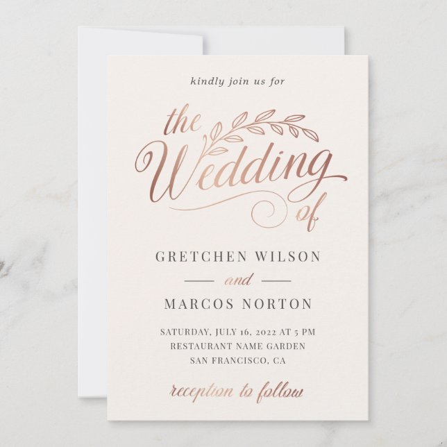 Champagne Rose Gold Ivory Calligraphy Wedding Invitation (Front)