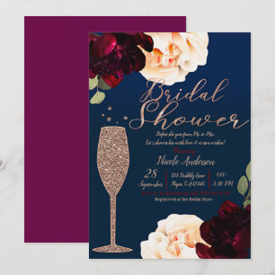 Champagne Rose Gold Navy Blue Floral Bridal Shower Invitation
