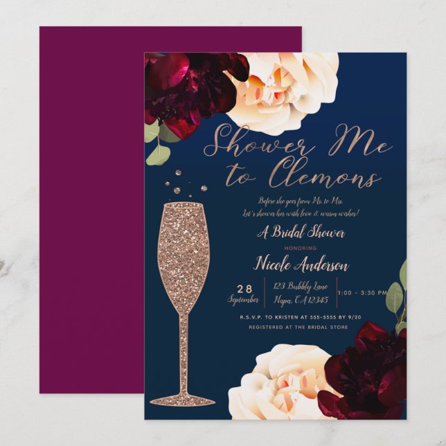 Champagne Rose Gold Navy Blue Floral Bridal Shower Invitation (Front/Back)