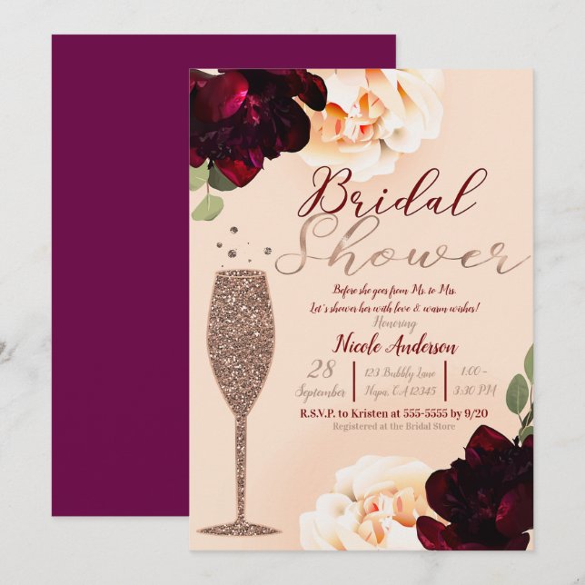 Champagne Rose Gold Peach Floral Bridal Shower Invitation (Front/Back)