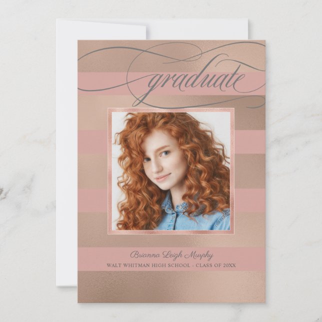 Champagne Rose Gold Stripes with Photo Graduate Announcement (Front)